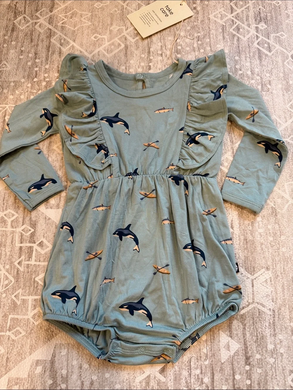 Kyte BABY Bamboo Seafoam Ruffle Romper with Navy Orca & Tan Fish Accents